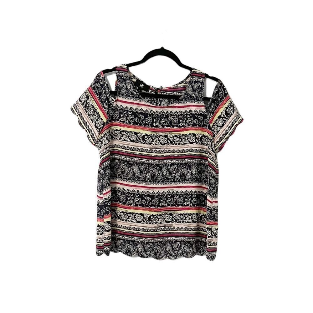 iZ Byer Cold Shoulder Floral Pattern Navy, Pink, Yellow Stripes Top Size M